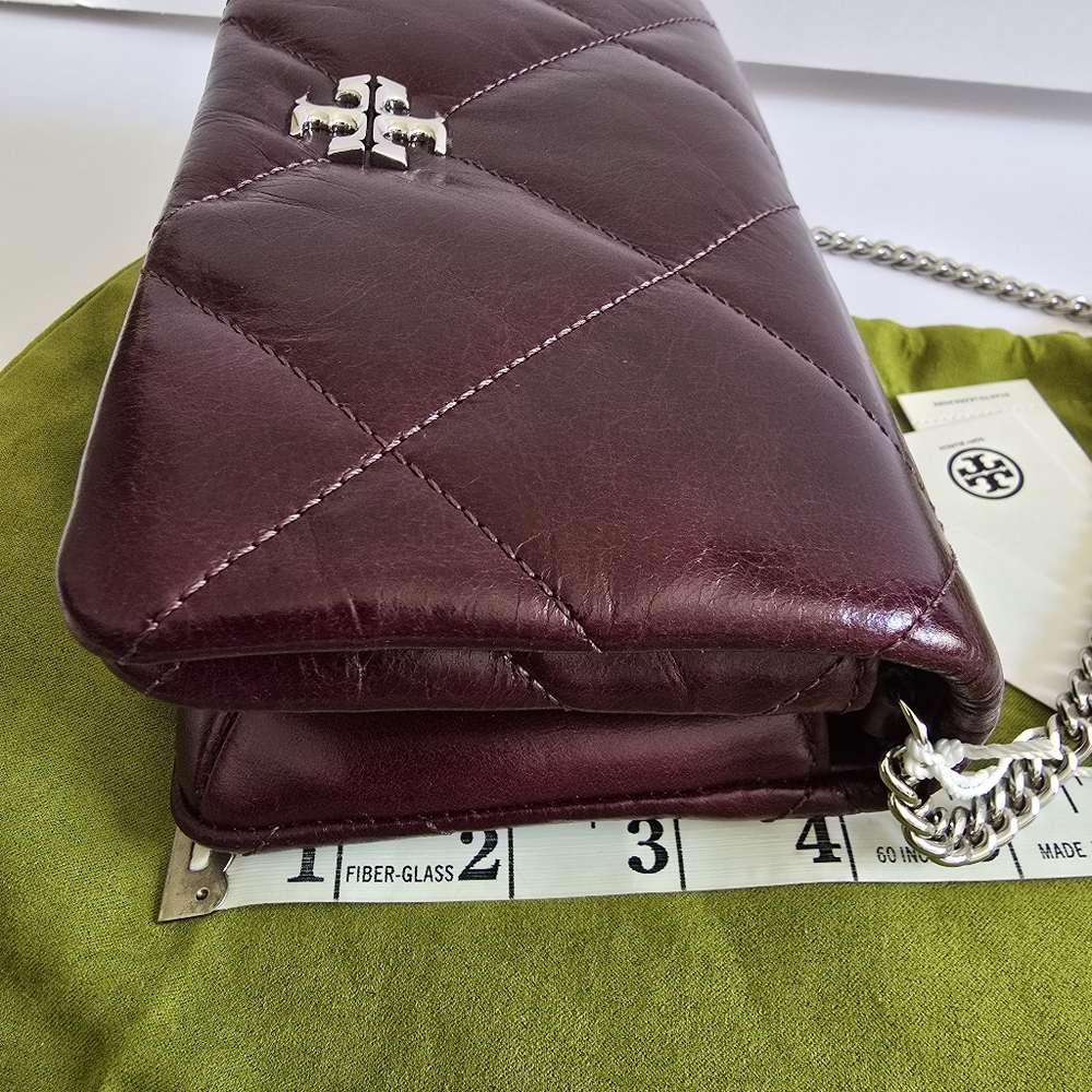 Tory Burch Kira Diamond Distressed Leather Chain Wallet Dark Carmine - Picture 13 of 14